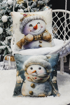 Наволочка декоративная новогодняя 2 шт 3D эффект велюр СнеговикПодмигни