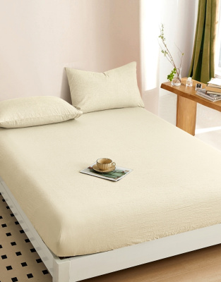 Простыня на резинке, с высотой борта 25 см "boiled cotton" - Вареный (стираный) хлопок» кремовый